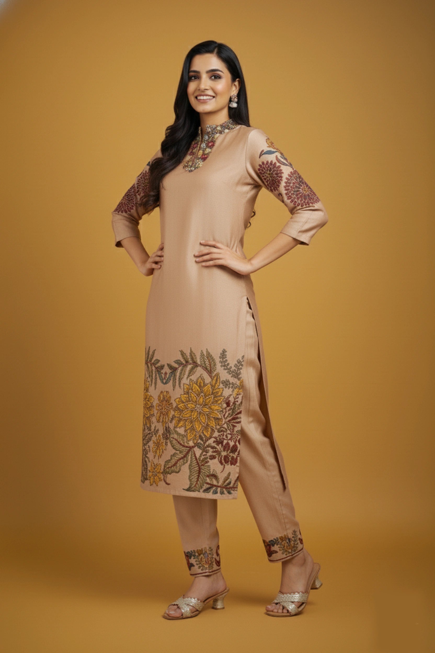 Beige Floral Kalamkari Kurta Set with Dupatta – Printed Appliques & Scallop Border