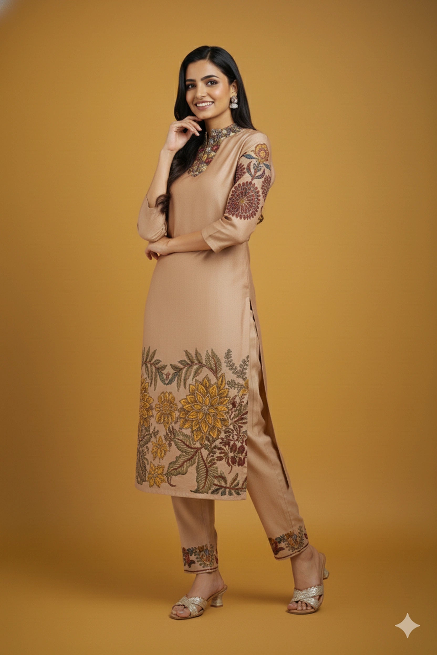 Beige Floral Kalamkari Kurta Set with Dupatta – Printed Appliques & Scallop Border