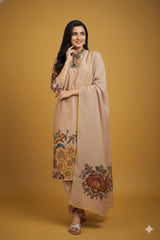 Beige Floral Kalamkari Kurta Set with Dupatta – Printed Appliques & Scallop Border