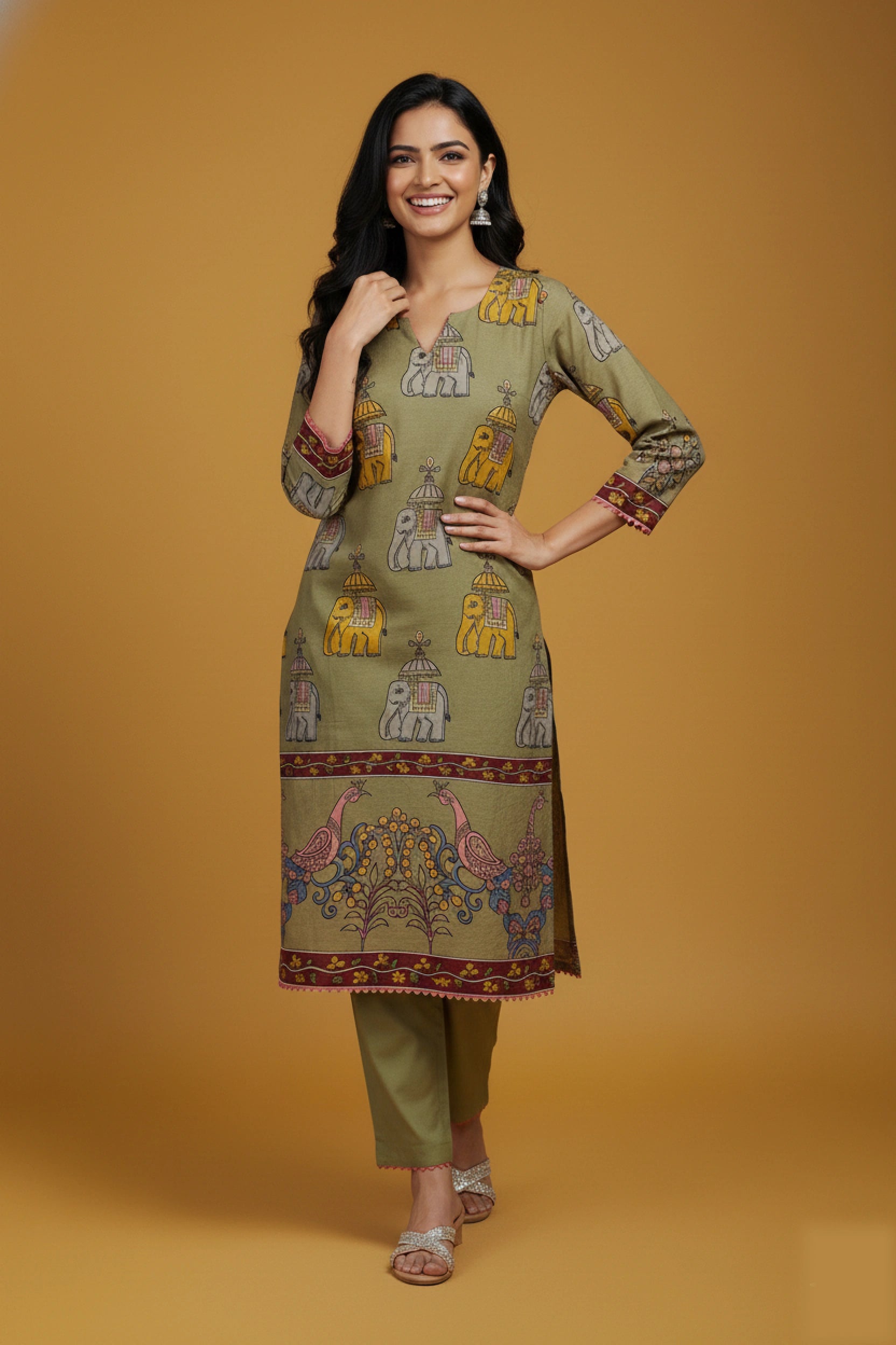 Olive Green Printed Kalamkari Elephant Design Cotton Kurti Set with Pant & Dupatta