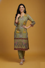 Olive Green Printed Kalamkari Elephant Design Cotton Kurti Set with Pant & Dupatta