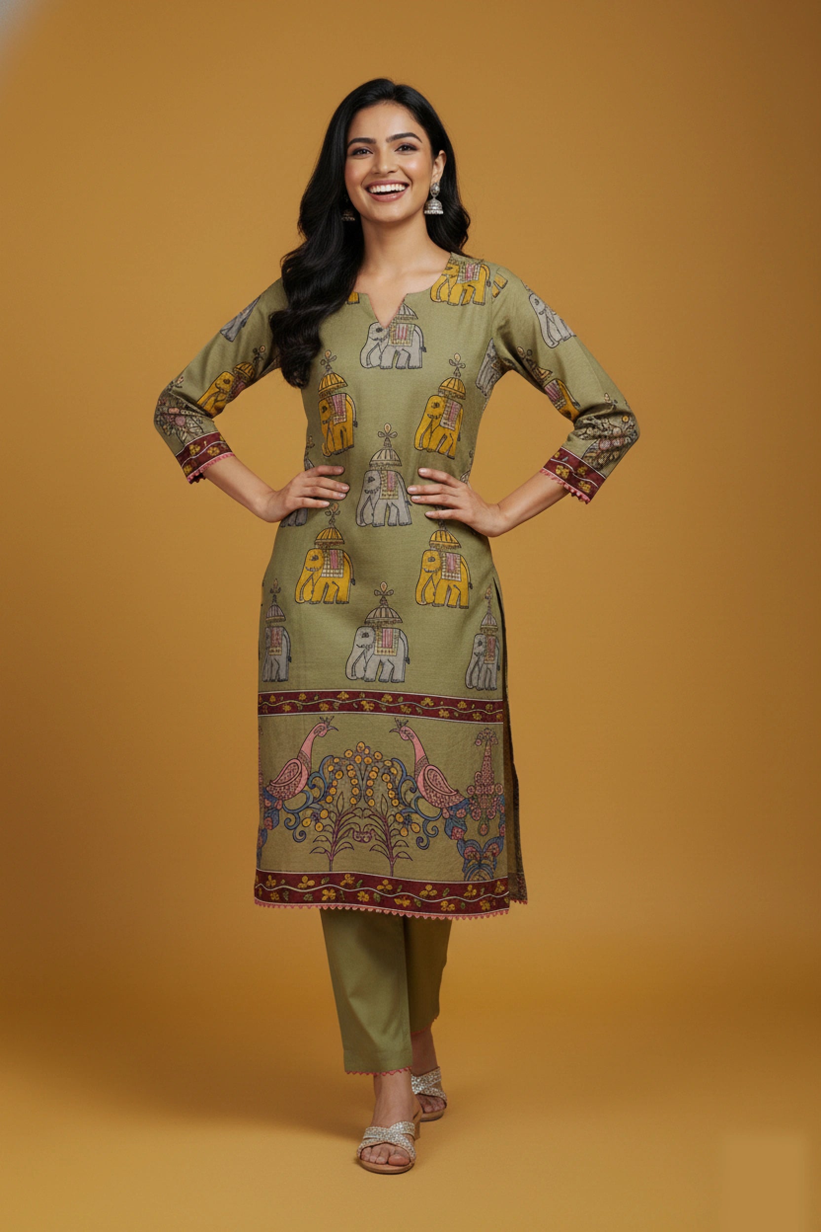 Olive Green Printed Kalamkari Elephant Design Cotton Kurti Set with Pant & Dupatta