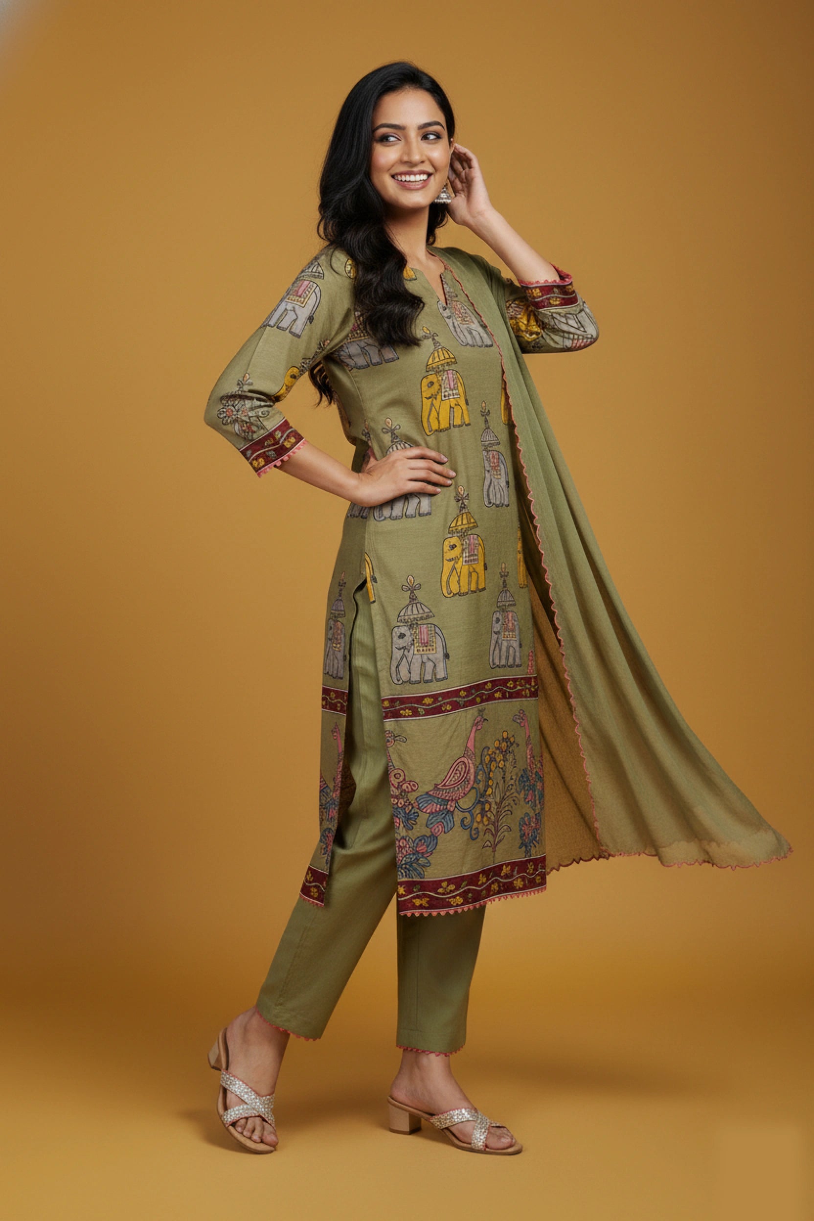 Olive Green Printed Kalamkari Elephant Design Cotton Kurti Set with Pant & Dupatta