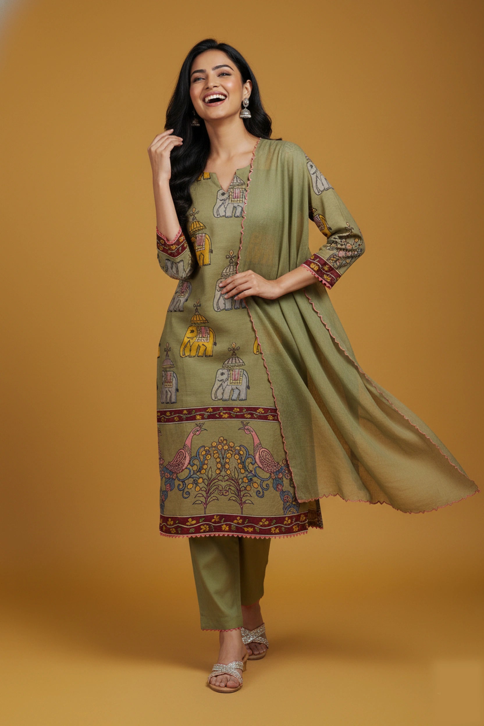 Olive Green Printed Kalamkari Elephant Design Cotton Kurti Set with Pant & Dupatta