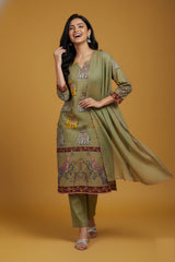 Olive Green Printed Kalamkari Elephant Design Cotton Kurti Set with Pant & Dupatta