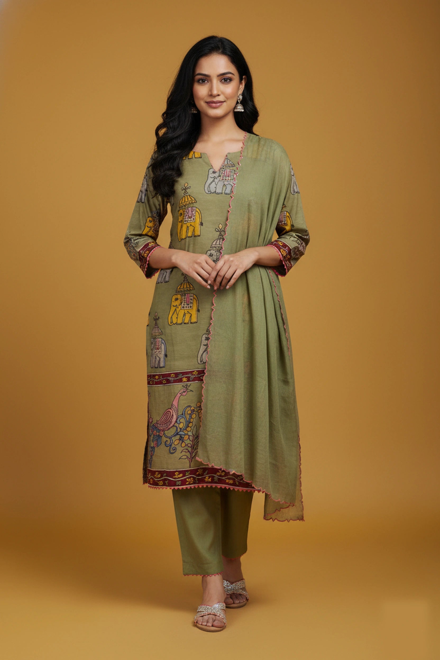 Olive Green Printed Kalamkari Elephant Design Cotton Kurti Set with Pant & Dupatta