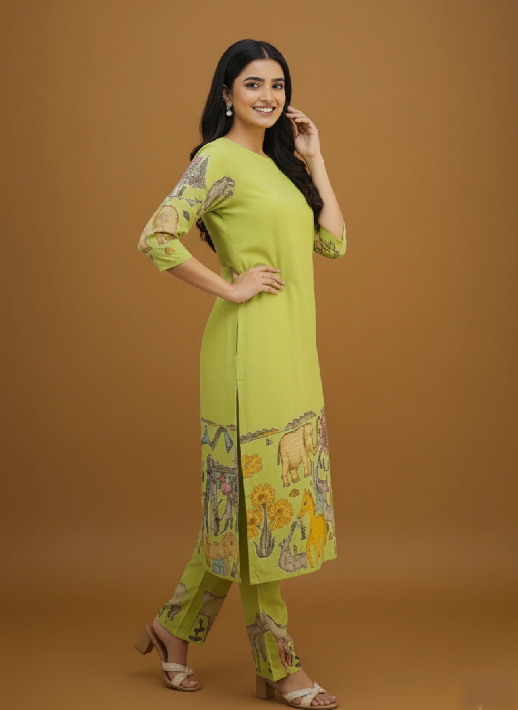 Pistachio Green Kalamkari Printed Animal & Floral Print Kurti Set with Churidar, Dupatta & Lace Detailing