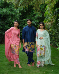 Blush Pink Kalamkari Cotton Kurti Set - Floral & Animal Design with Coordinated Dupatta