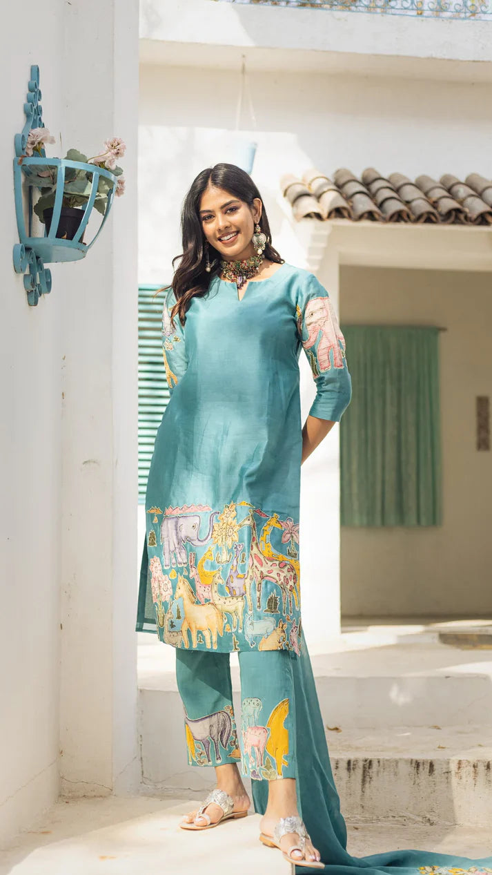 Sky Blue Cotton Kurta Set with Kalamkari Inspired Animal Motifs – Ethnic Wear for Women with Dupatta