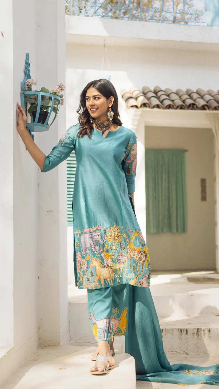 Sky Blue Cotton Kurta Set with Kalamkari Inspired Animal Motifs – Ethnic Wear for Women with Dupatta