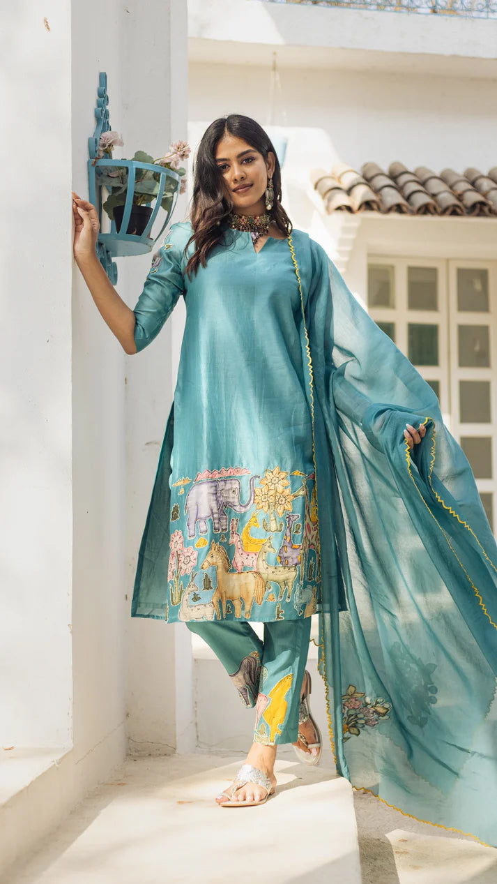 Sky Blue Cotton Kurta Set with Kalamkari Inspired Animal Motifs – Ethnic Wear for Women with Dupatta