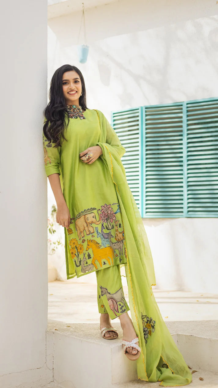 Pistachio Green Kalamkari Printed Animal & Floral Print Kurti Set with Churidar, Dupatta & Lace Detailing