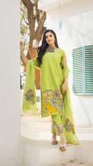 Pistachio Green Kalamkari Printed Animal & Floral Print Kurti Set with Churidar, Dupatta & Lace Detailing