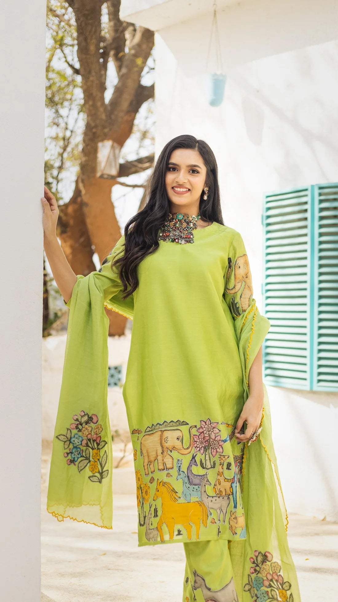 Pistachio Green Kalamkari Printed Animal & Floral Print Kurti Set with Churidar, Dupatta & Lace Detailing