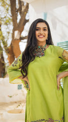 Pistachio Green Kalamkari Printed Animal & Floral Print Kurti Set with Churidar, Dupatta & Lace Detailing