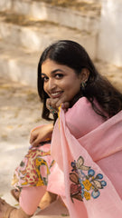 Baby Pink Cotton Kurta Set with Kalamkari-Inspired Animal Motifs – Ethnic Wear for Women with Dupatta