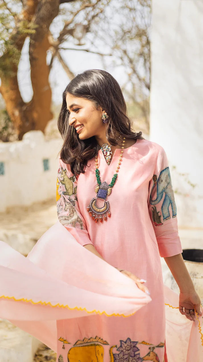 Baby Pink Cotton Kurta Set with Kalamkari-Inspired Animal Motifs – Ethnic Wear for Women with Dupatta