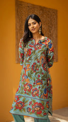 Floral Printed Blue Cotton Kurti Set with Churidar, Dupatta & Lace Detailing – Vibrant Ethnic Wear for Festive & Casual Occasions