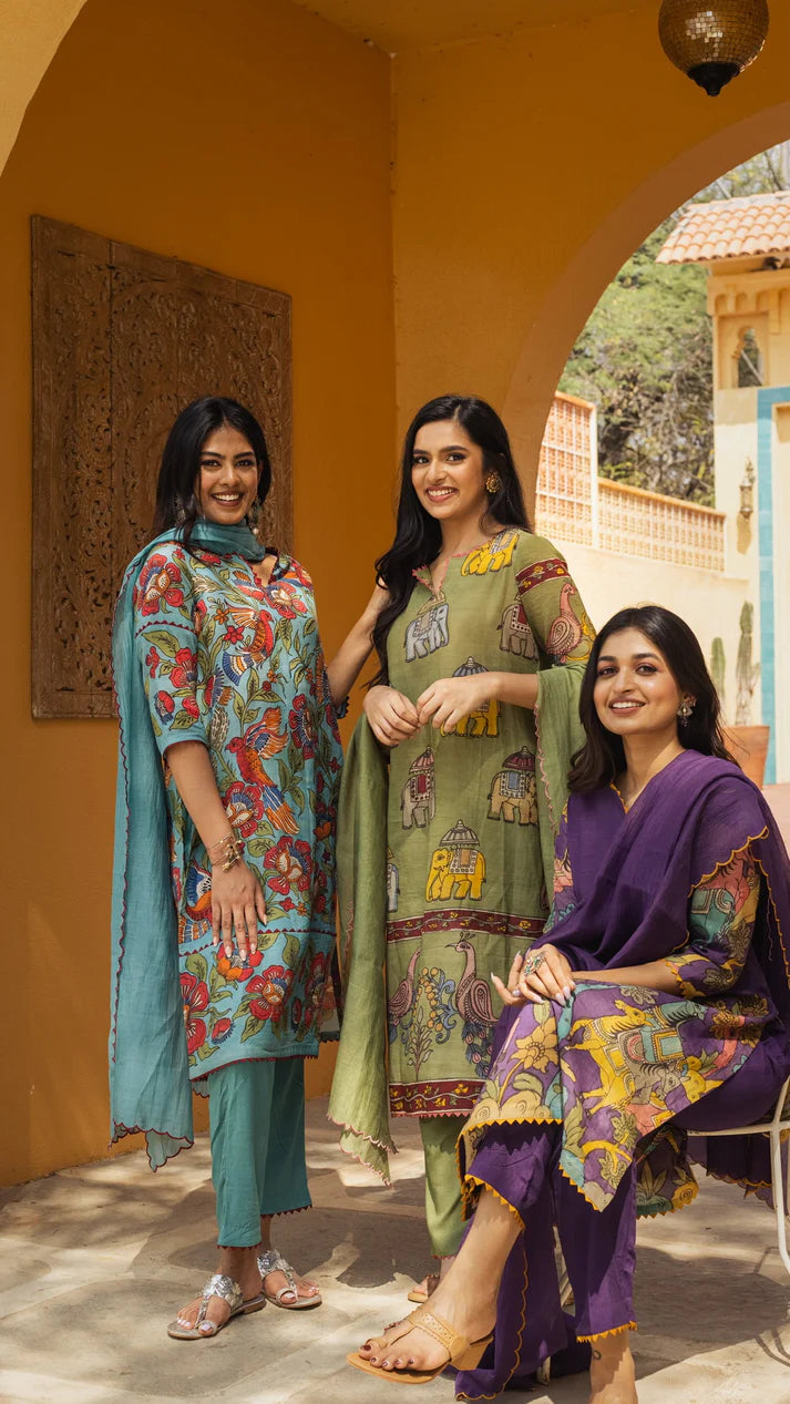 Olive Green Printed Kalamkari Elephant Design Cotton Kurti Set with Pant & Dupatta