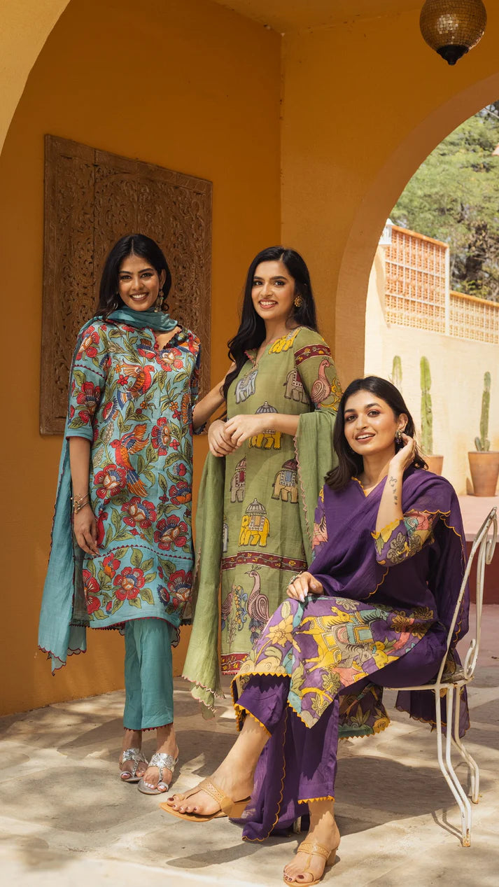Olive Green Printed Kalamkari Elephant Design Cotton Kurti Set with Pant & Dupatta