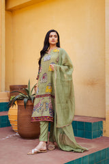 Olive Green Printed Kalamkari Elephant Design Cotton Kurti Set with Pant & Dupatta