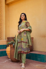 Olive Green Printed Kalamkari Elephant Design Cotton Kurti Set with Pant & Dupatta