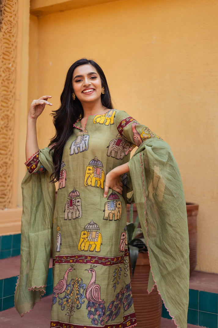 Olive Green Printed Kalamkari Elephant Design Cotton Kurti Set with Pant & Dupatta