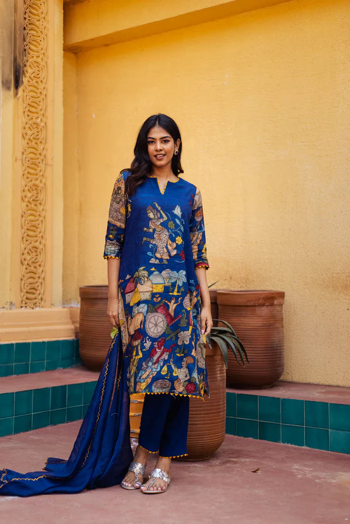 Blue Kalamkari Cotton Kurta Set with Dupatta - Traditional Painted Motifs & Embroidered Lace Detailing