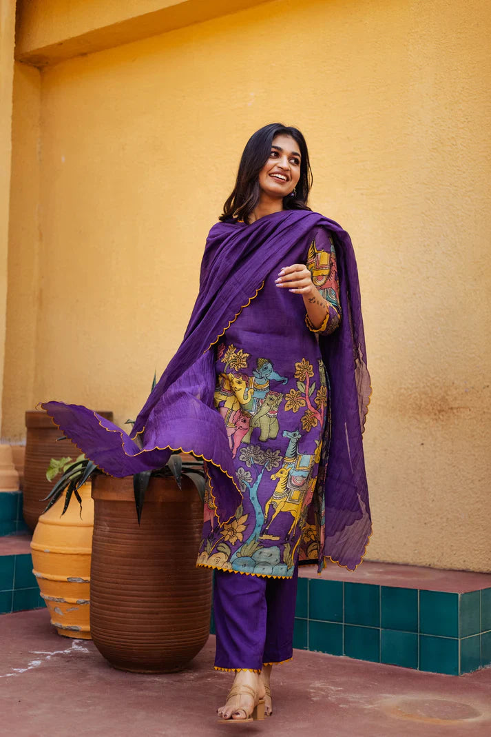 Purple Kalamkari Cotton Kurta Set with Dupatta – Deer & Elephant Motifs, Embroidered Lace Detailing