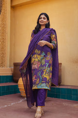 Purple Kalamkari Cotton Kurta Set with Dupatta – Deer & Elephant Motifs, Embroidered Lace Detailing