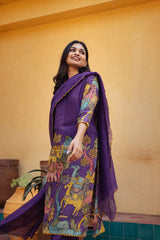 Purple Kalamkari Cotton Kurta Set with Dupatta – Deer & Elephant Motifs, Embroidered Lace Detailing