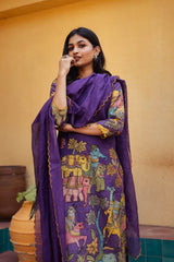 Purple Kalamkari Cotton Kurta Set with Dupatta – Deer & Elephant Motifs, Embroidered Lace Detailing