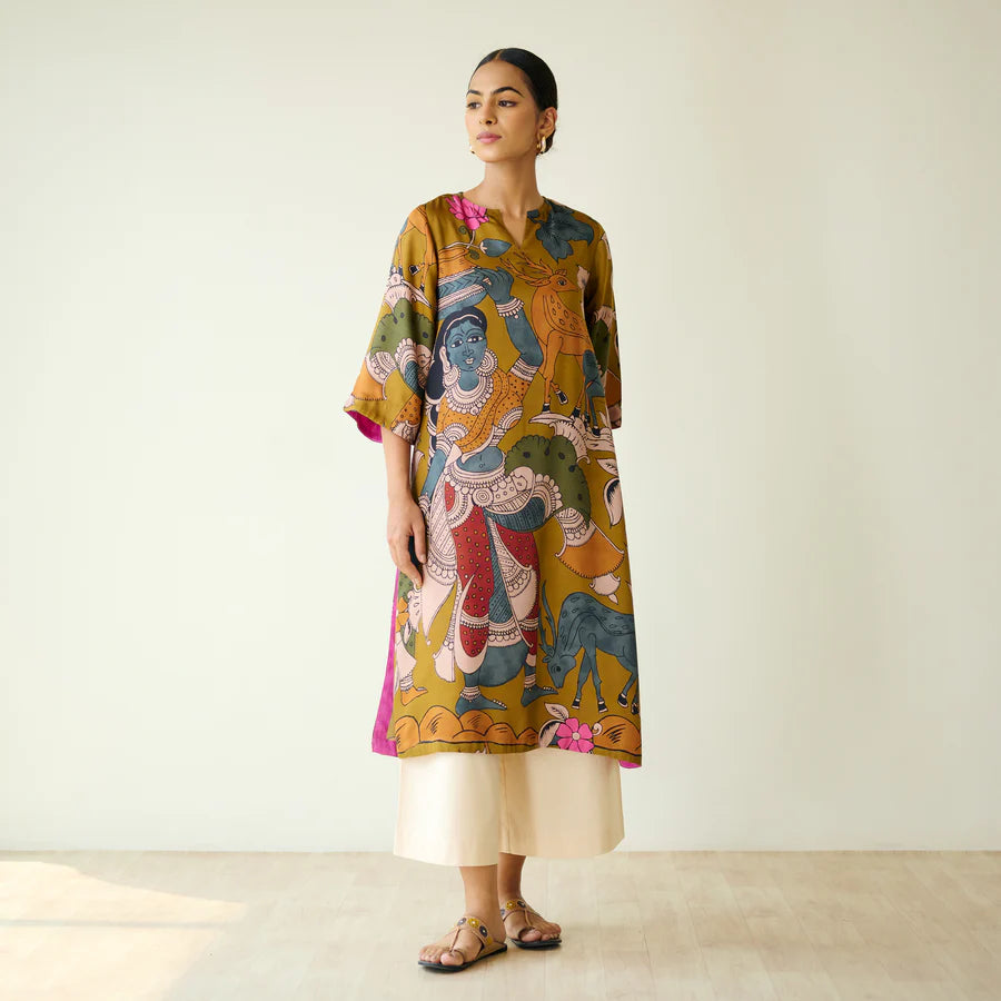 Chitra Kalamkari Print Kurta & Relaxed Churidar Pants Set (Mustard Yellow & Multi-Colored)