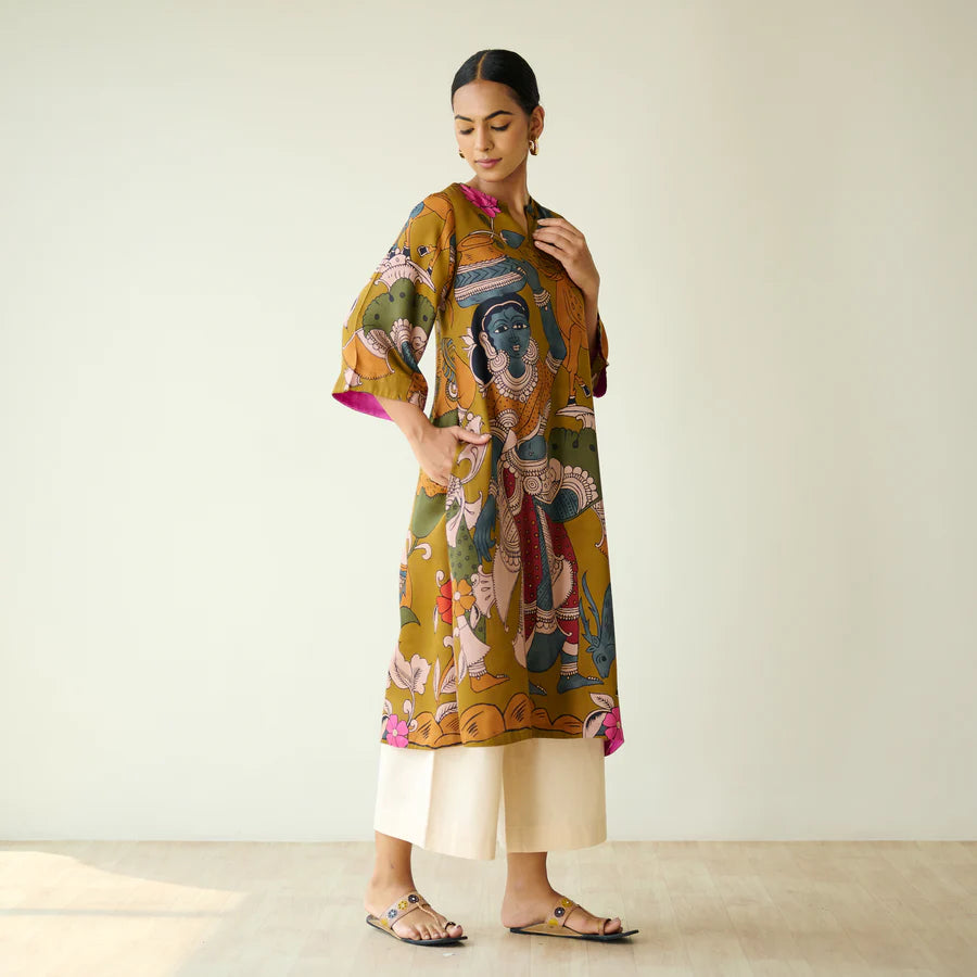 Chitra Kalamkari Print Kurta & Relaxed Churidar Pants Set (Mustard Yellow & Multi-Colored)