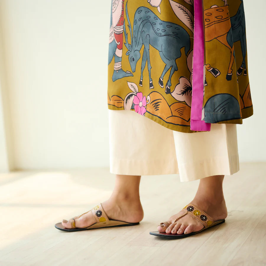 Chitra Kalamkari Print Kurta & Relaxed Churidar Pants Set (Mustard Yellow & Multi-Colored)