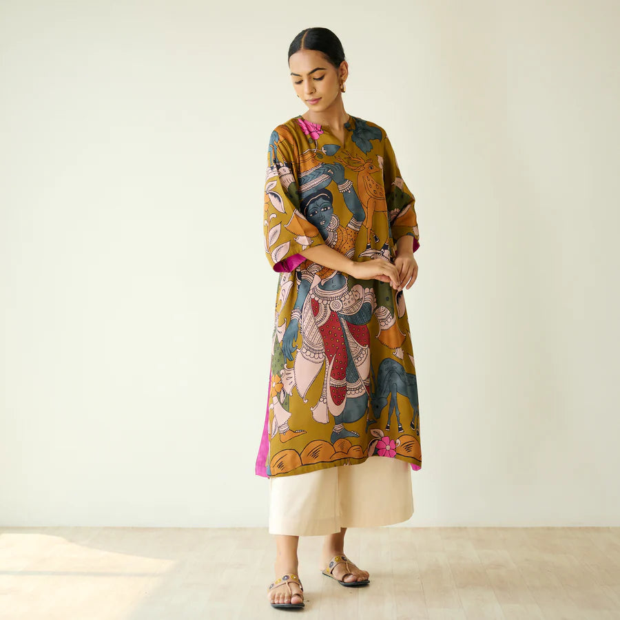 Chitra Kalamkari Print Kurta & Relaxed Churidar Pants Set (Mustard Yellow & Multi-Colored)