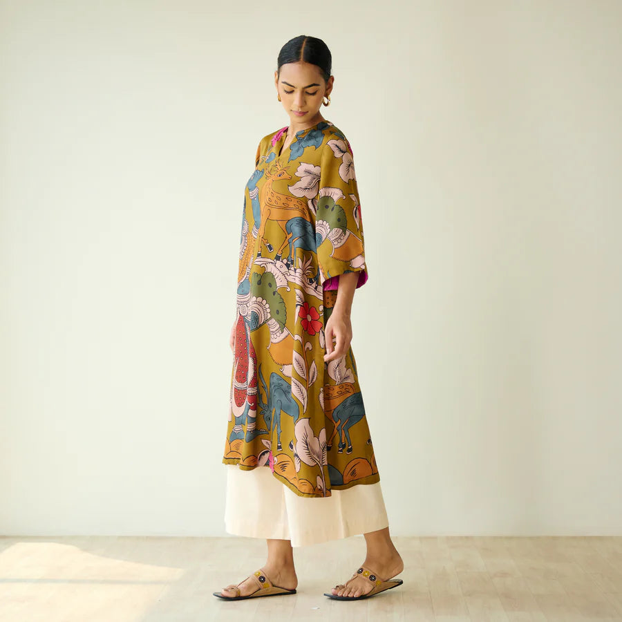 Chitra Kalamkari Print Kurta & Relaxed Churidar Pants Set (Mustard Yellow & Multi-Colored)