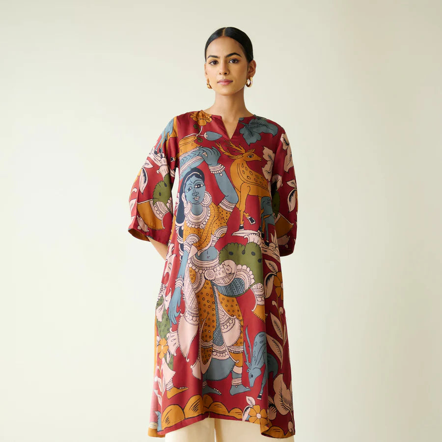 Chitra Kalamkari Print Kurta & Relaxed Churidar Pants Set (Rust & Multi-Colored)