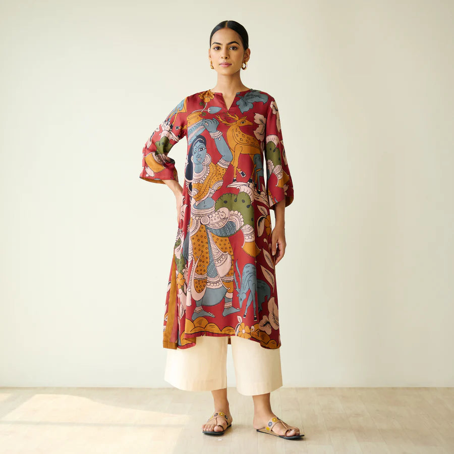 Chitra Kalamkari Print Kurta & Relaxed Churidar Pants Set (Rust & Multi-Colored)