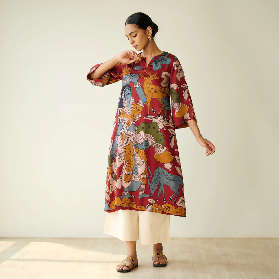 Chitra Kalamkari Print Kurta & Relaxed Churidar Pants Set (Rust & Multi-Colored)