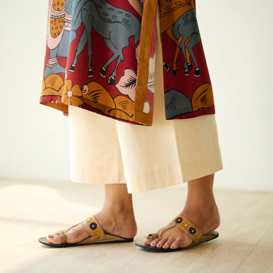 Chitra Kalamkari Print Kurta & Relaxed Churidar Pants Set (Rust & Multi-Colored)