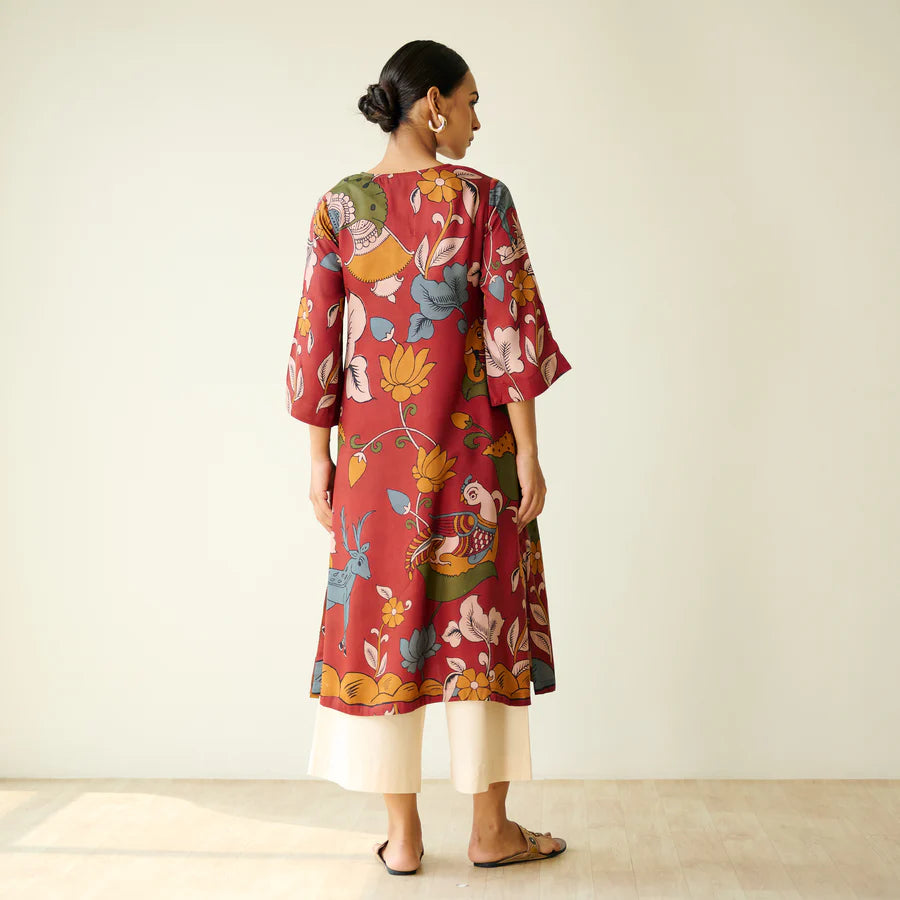Chitra Kalamkari Print Kurta & Relaxed Churidar Pants Set (Rust & Multi-Colored)