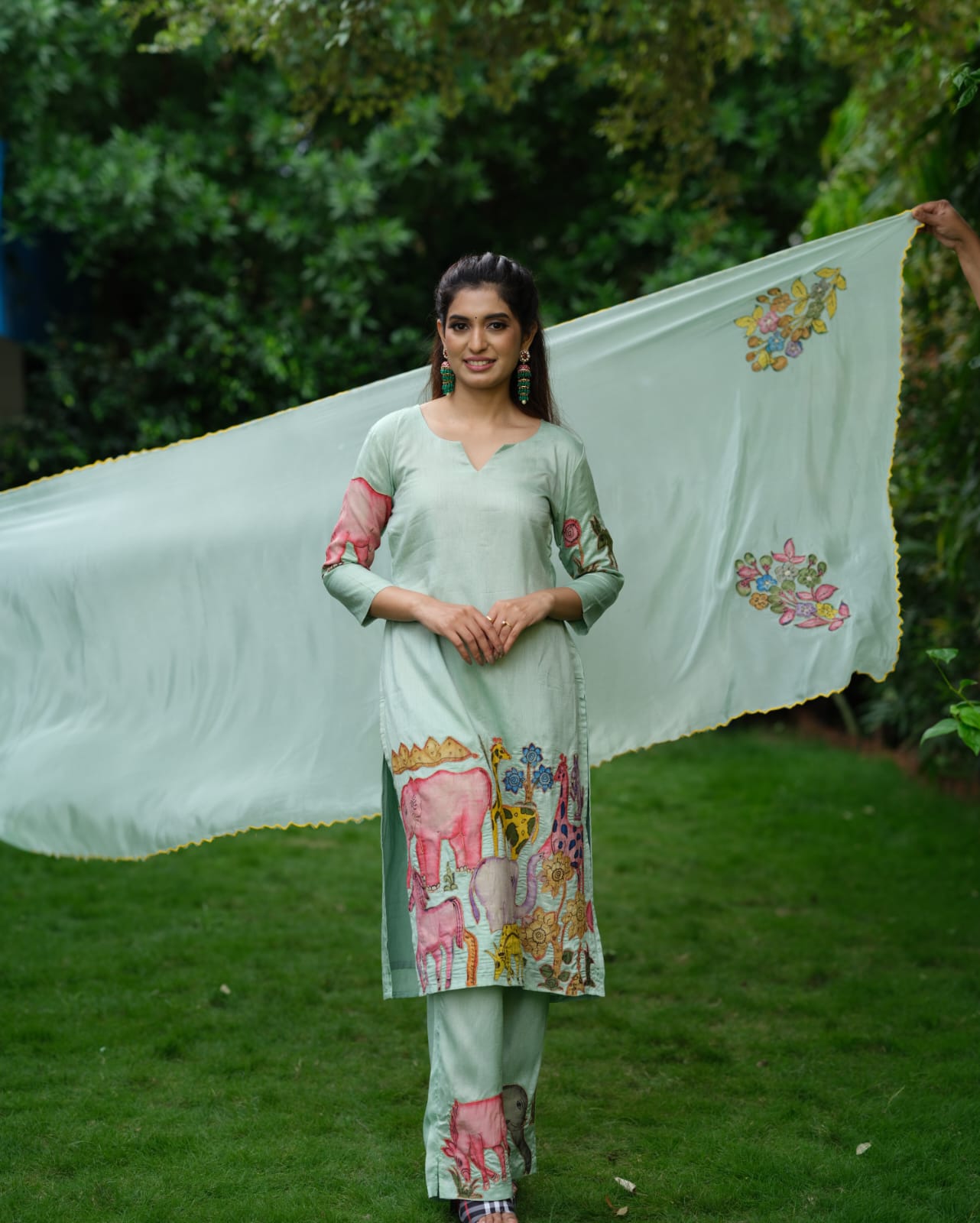 Pista Green Cotton Kurta Set with Handcrafted Kalamkari Animal & Floral Print – Ethnic Co-ord Set for Women