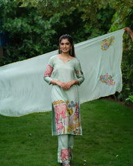 Pista Green Cotton Kurta Set with Handcrafted Kalamkari Animal & Floral Print – Ethnic Co-ord Set for Women