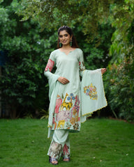 Pista Green Cotton Kurta Set with Handcrafted Kalamkari Animal & Floral Print – Ethnic Co-ord Set for Women