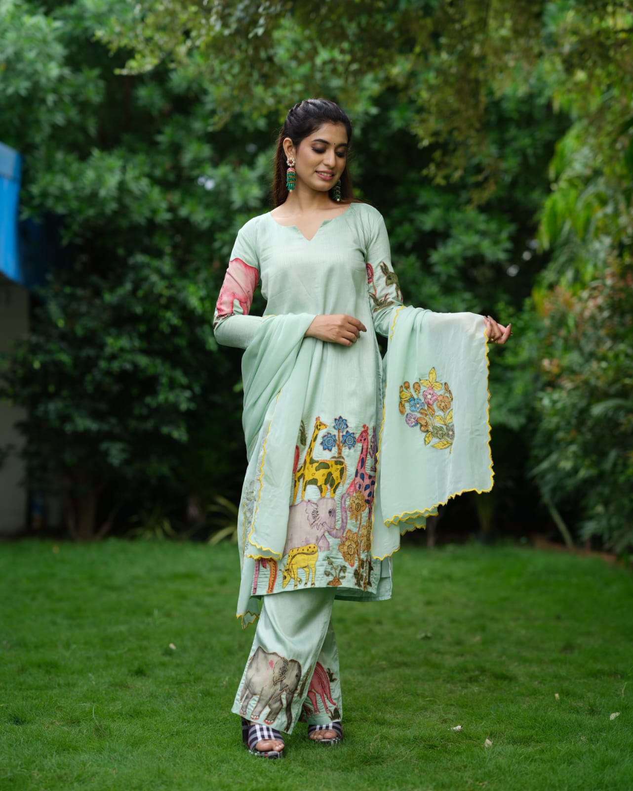 Pista Green Cotton Kurta Set with Handcrafted Kalamkari Animal & Floral Print – Ethnic Co-ord Set for Women