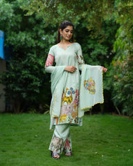 Pista Green Cotton Kurta Set with Handcrafted Kalamkari Animal & Floral Print – Ethnic Co-ord Set for Women