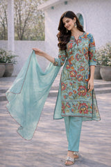 Floral Printed Blue Cotton Kurti Set with Churidar, Dupatta & Lace Detailing – Vibrant Ethnic Wear for Festive & Casual Occasions
