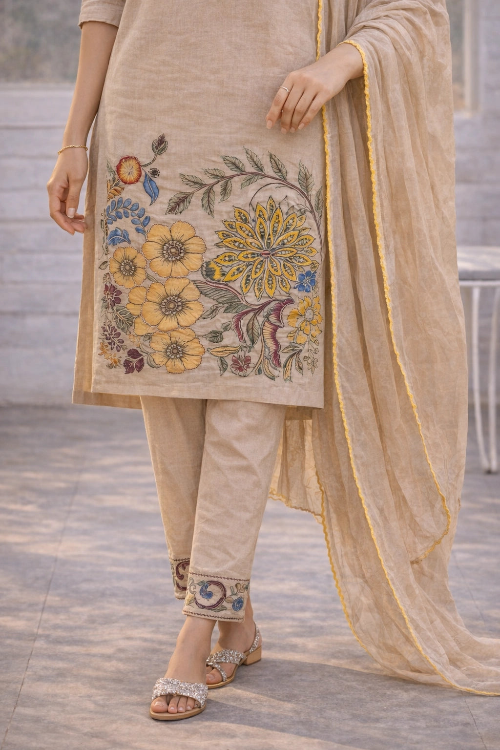 Beige Floral Kalamkari Kurta Set with Dupatta – Printed Appliques & Scallop Border