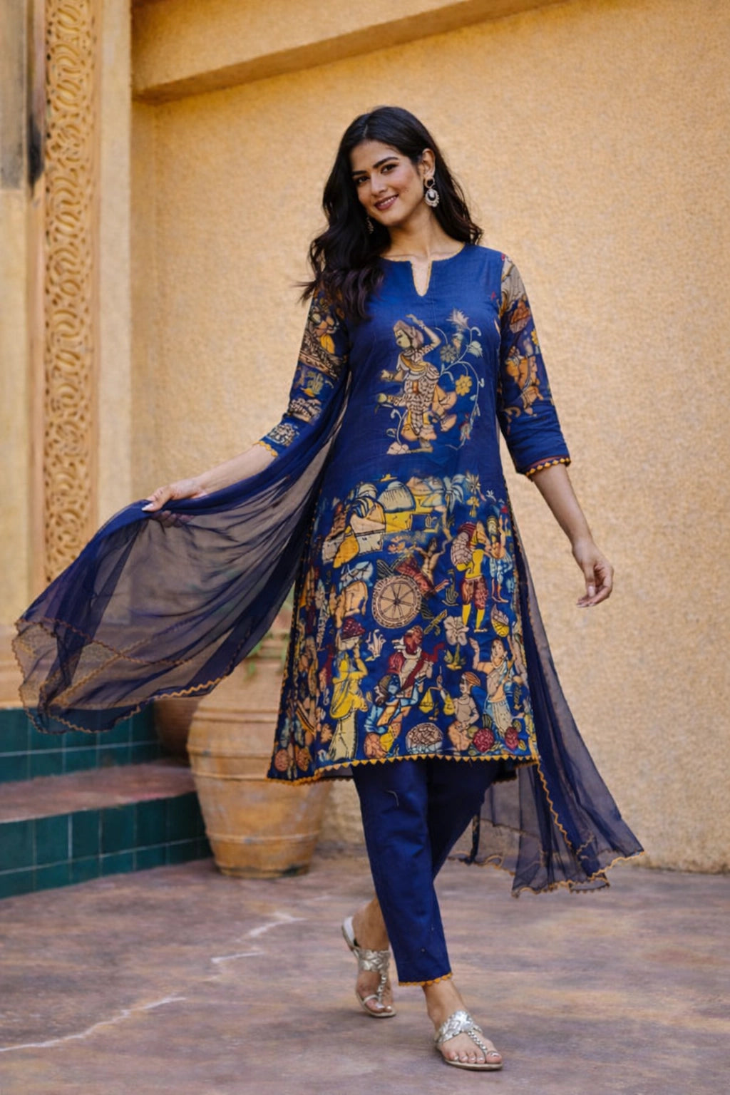 Blue Kalamkari Cotton Kurta Set with Dupatta - Traditional Painted Motifs & Embroidered Lace Detailing